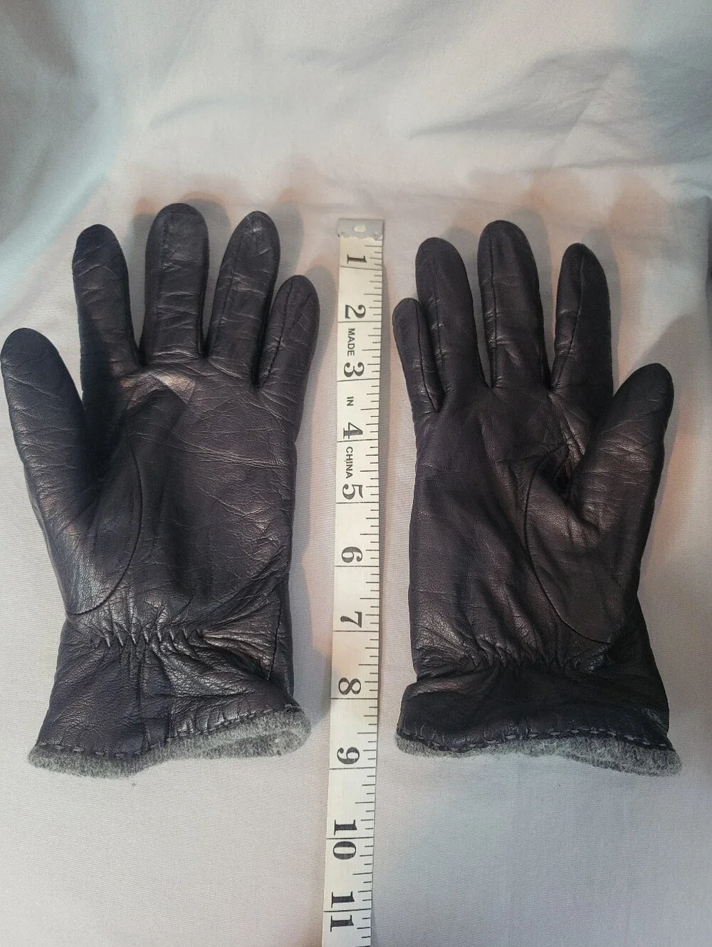 Vintage Black Leather Gloves with Gray Knit Cuffs